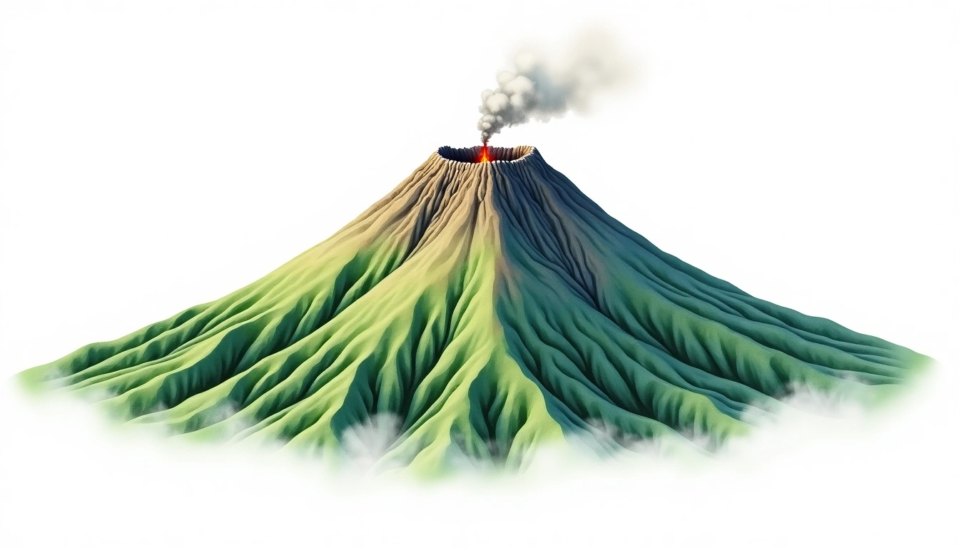 Mount Aso — 1,592m — Japan — watercolor illustration